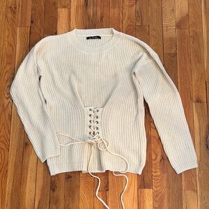 Cream Lace-Up Sweater